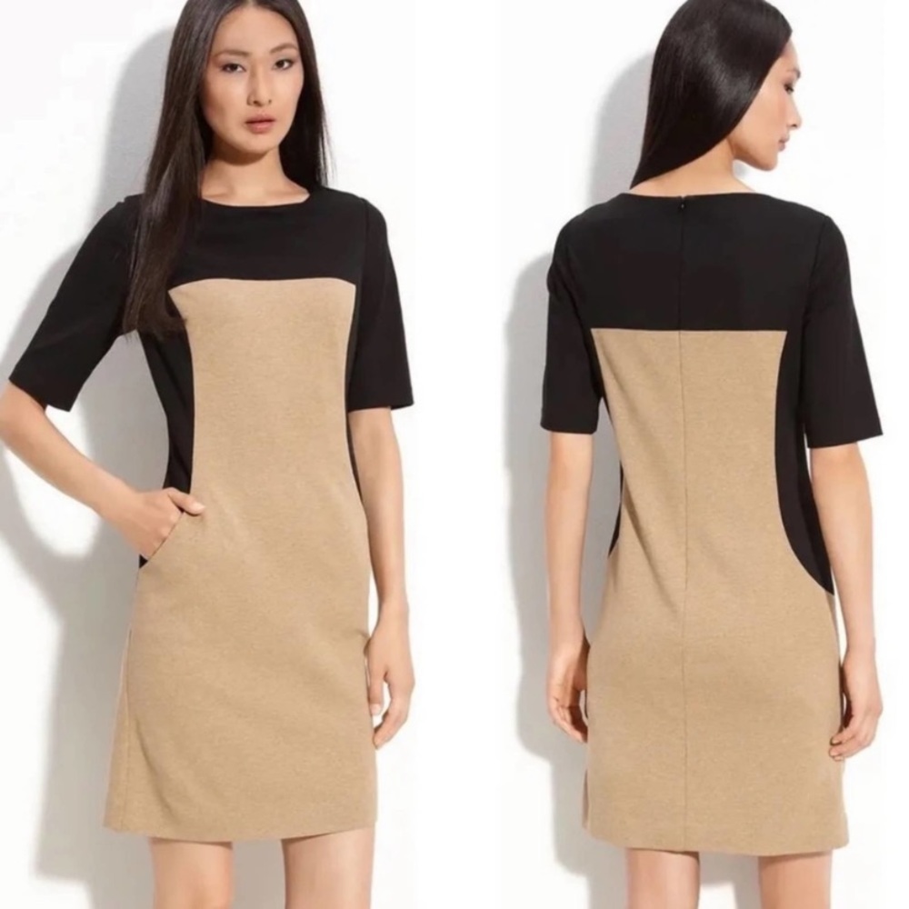 Trina Turk Colorblock Bea Sheath Dress Half Sleeve Pockets Black Tan